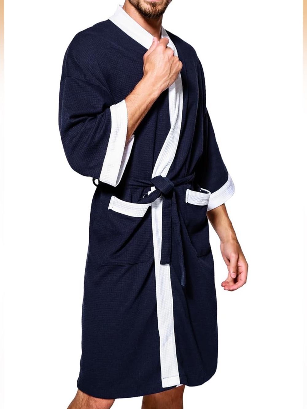 Men's Navy and White Waffle Robe - Classic Bathrobe
